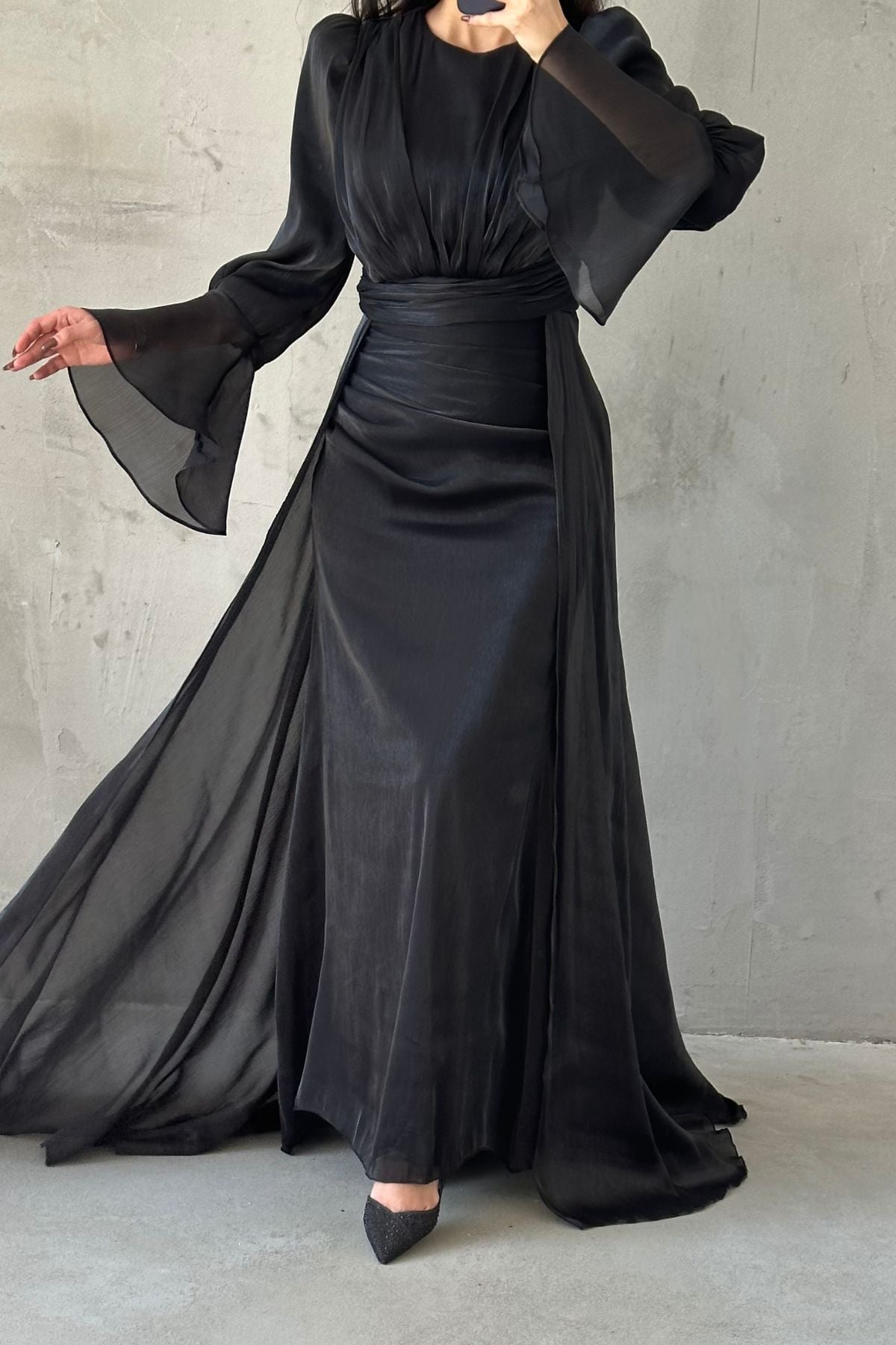 Drape and Cape Detailed Janjan Evening Dress 4986