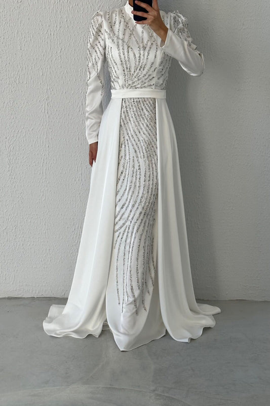 Stone Embroidered Cape Satin Evening Dress 6963