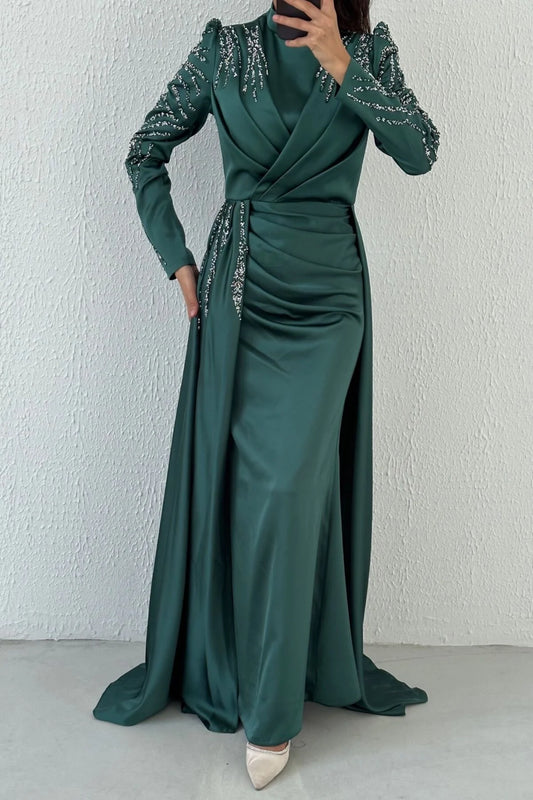 Stone Embroidered Satin Evening Dress 4338