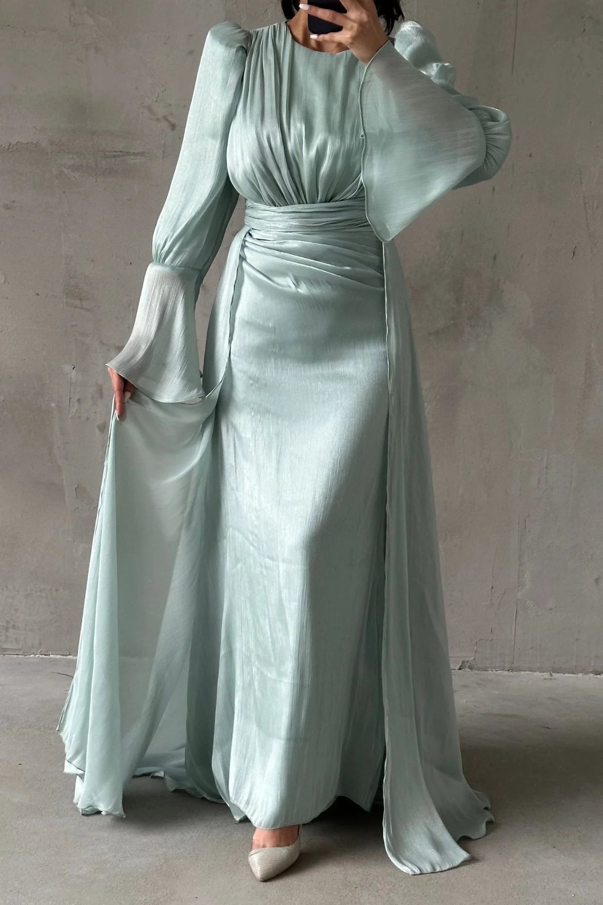 Drape and Cape Detailed Janjan Evening Dress 4986