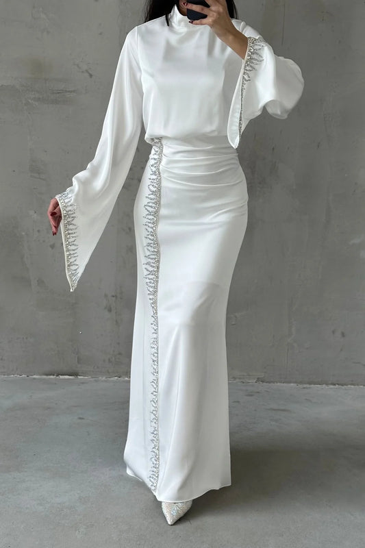 Embellished Sleeve and Side Detailed Bridal Evening Dress 5045