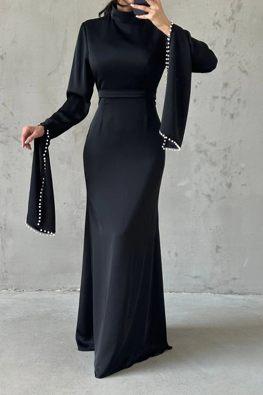 Satin Evening Dress with Slit Sleeves and Pearl Detail on the Sleeves 4202