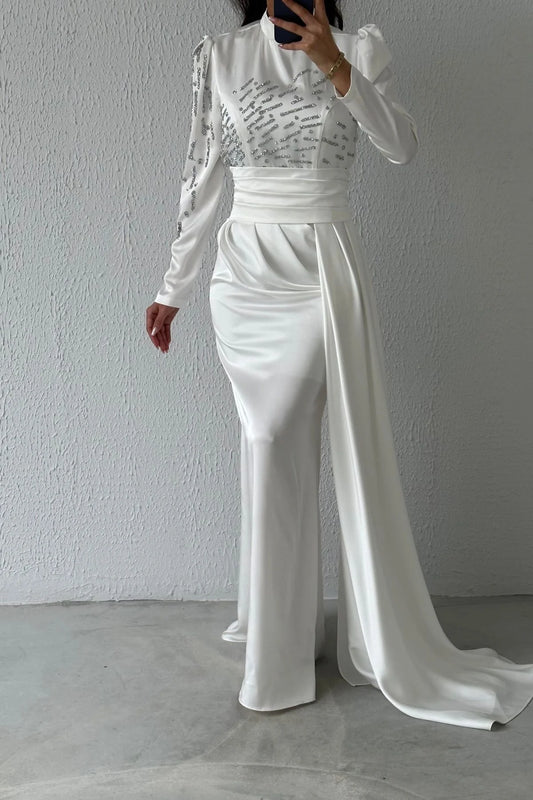 Stone Detailed Draped Bridal Evening Dress 8002