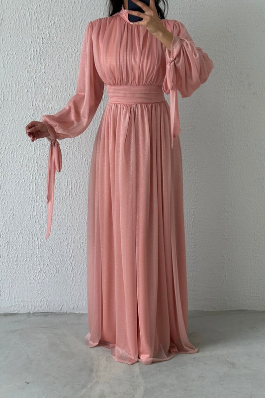 Glittered Hijab Evening Dress Ecru with Sleeve Detail 6981