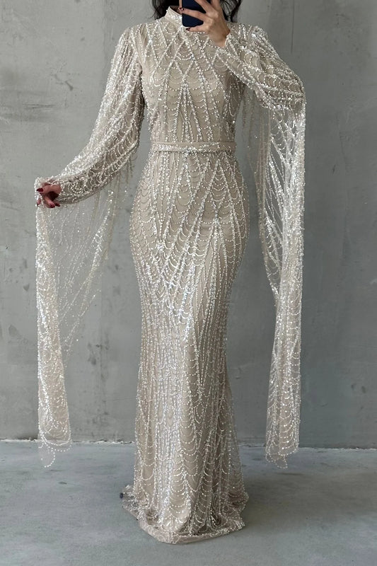 Radiant Drape Sleeve Embellished Gown 5070